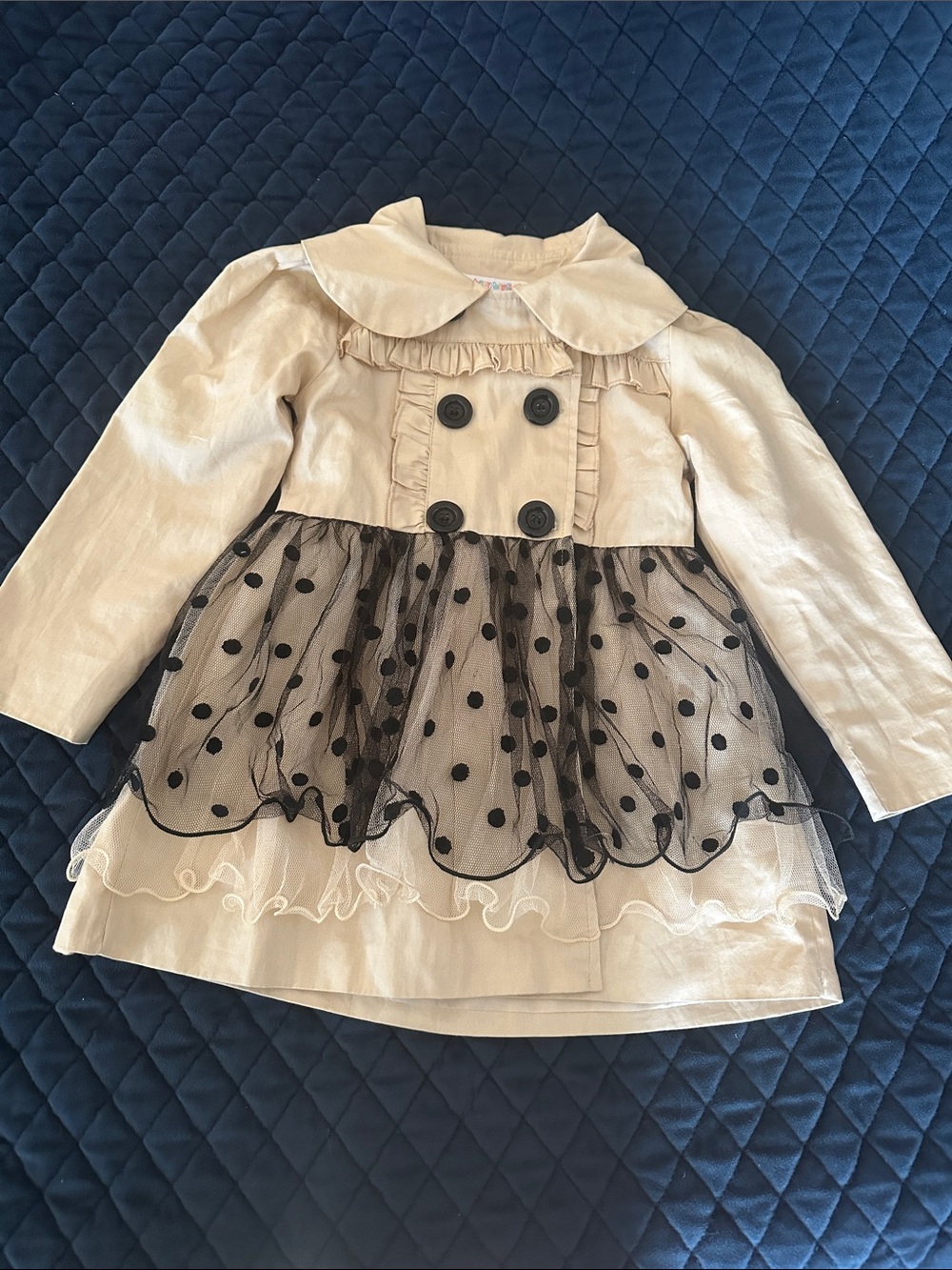 Girls Beige Double-Breasted Pea Coat with Black Polka Dot Tulle